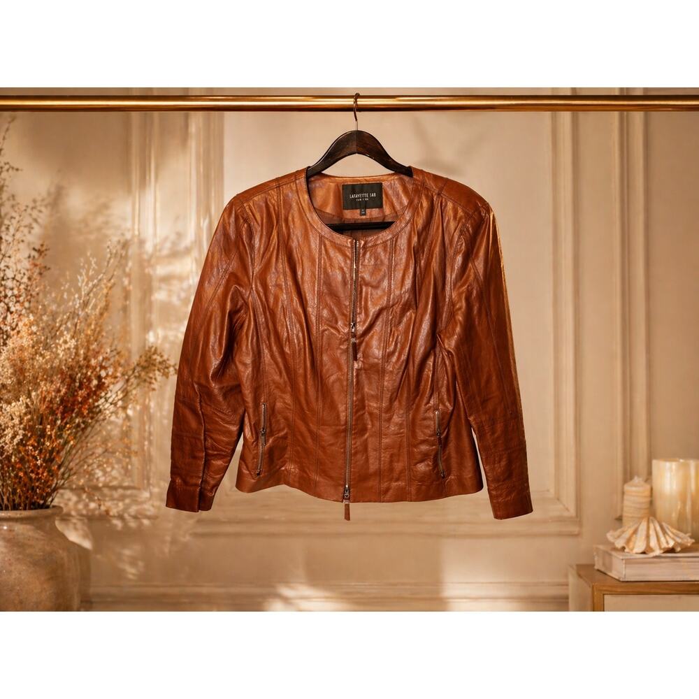 Lafayette 148 Brown Leather Jacket Zip Front Moto Lined Size 12 Quiet Luxury